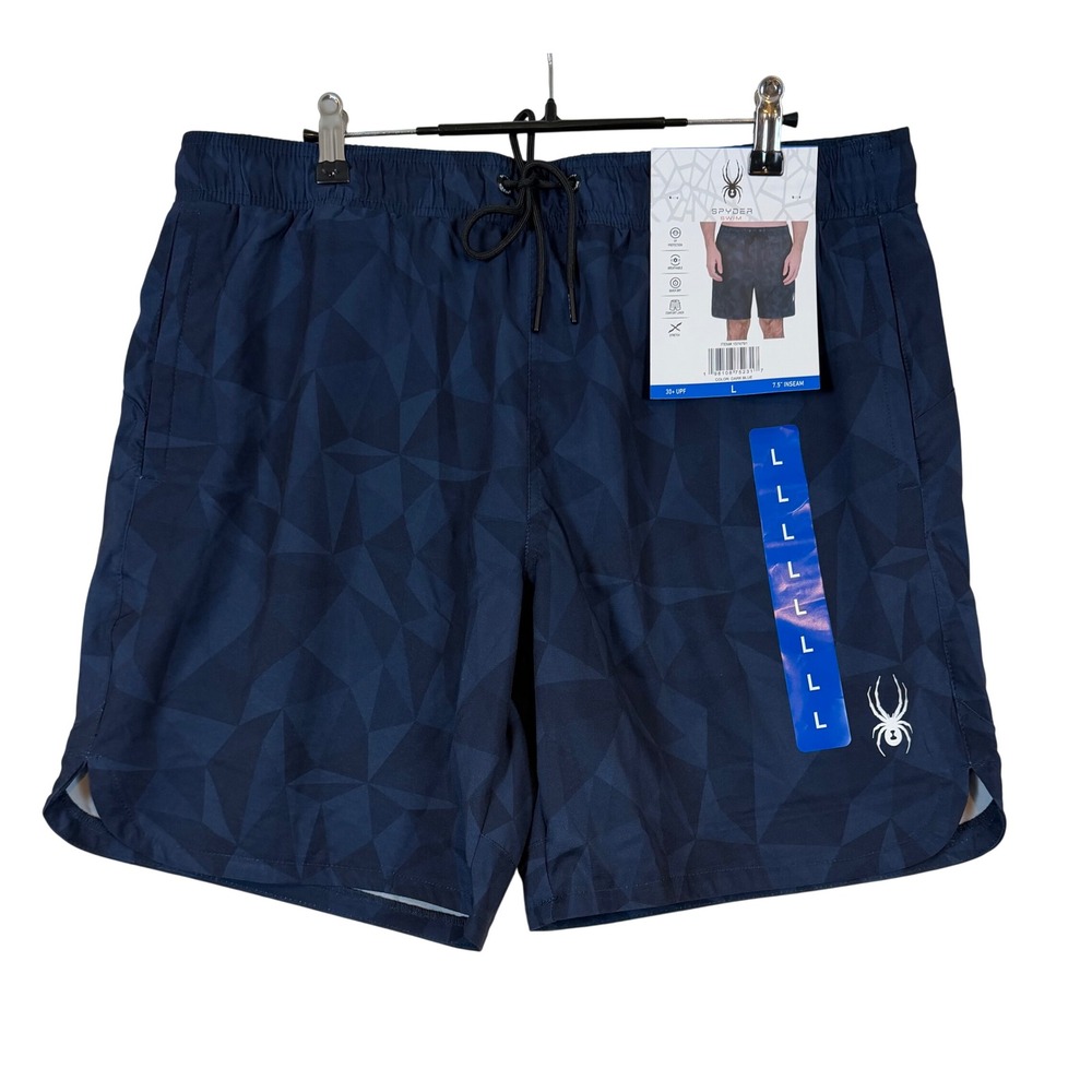 NWT Spyder Men Swim Trunks Dark Blue Geometric •L• Boardshorts Summer SPF Water